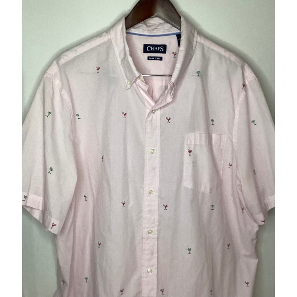 Chaps  Short Sleeve Button‎ Up Shirt Pink Martini Palm Tree Print Easy Care XXL